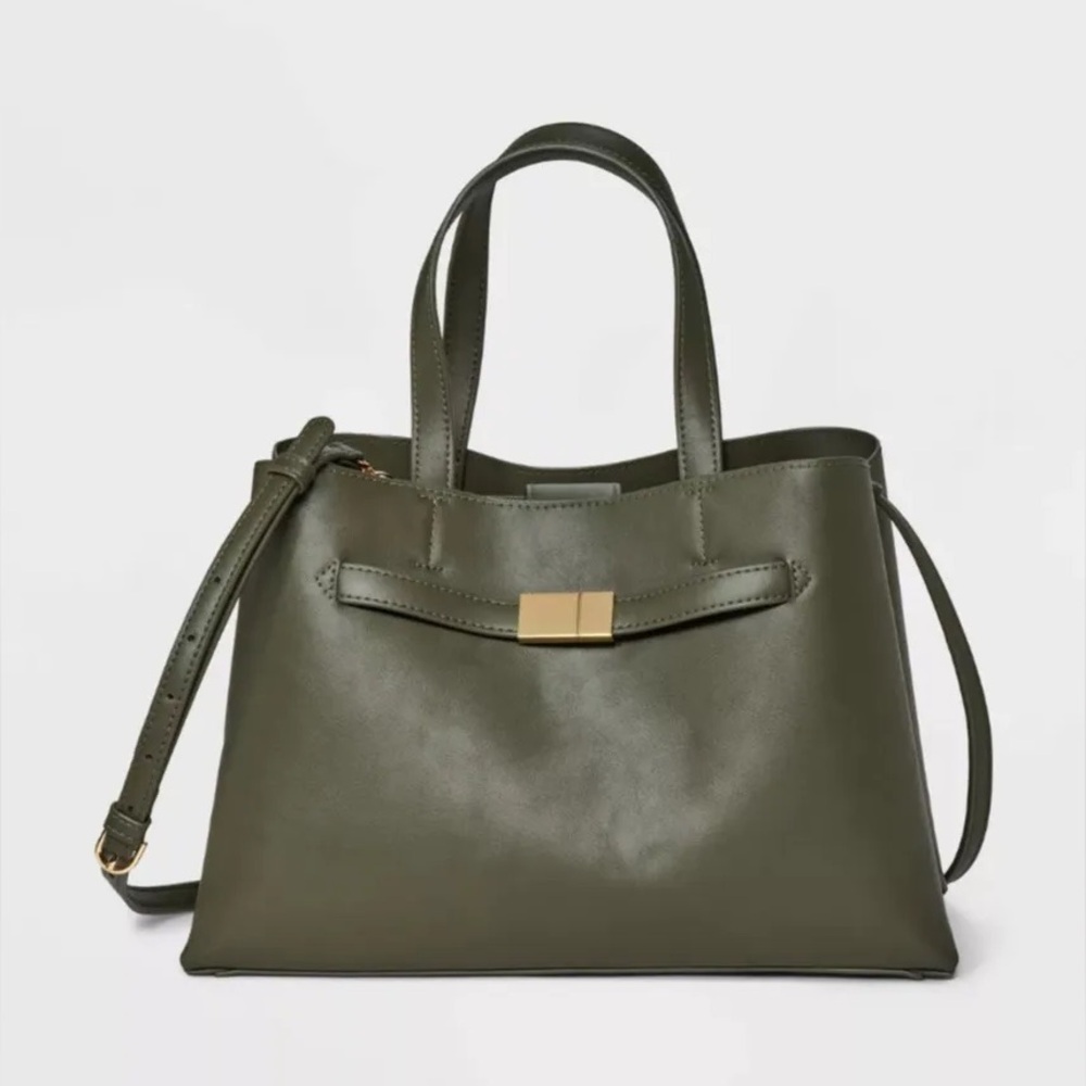 A New Day Olive Green Structured Tote Bag with Gold Accent & Adjustable Strap